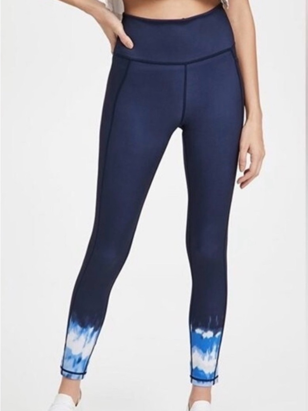 Sweaty Betty Navy Leggings with Blue & White Tie-Dye Ankles
